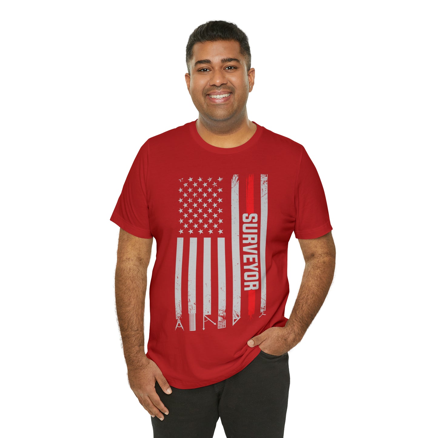 Proud Surveyor - American Flag Land Surveyor Shirt with Measurement Tools - Surveying Graphic Tee - Surveyor T Shirt - Unisex - Land Survey Present, Patriotic Surveying TShirt